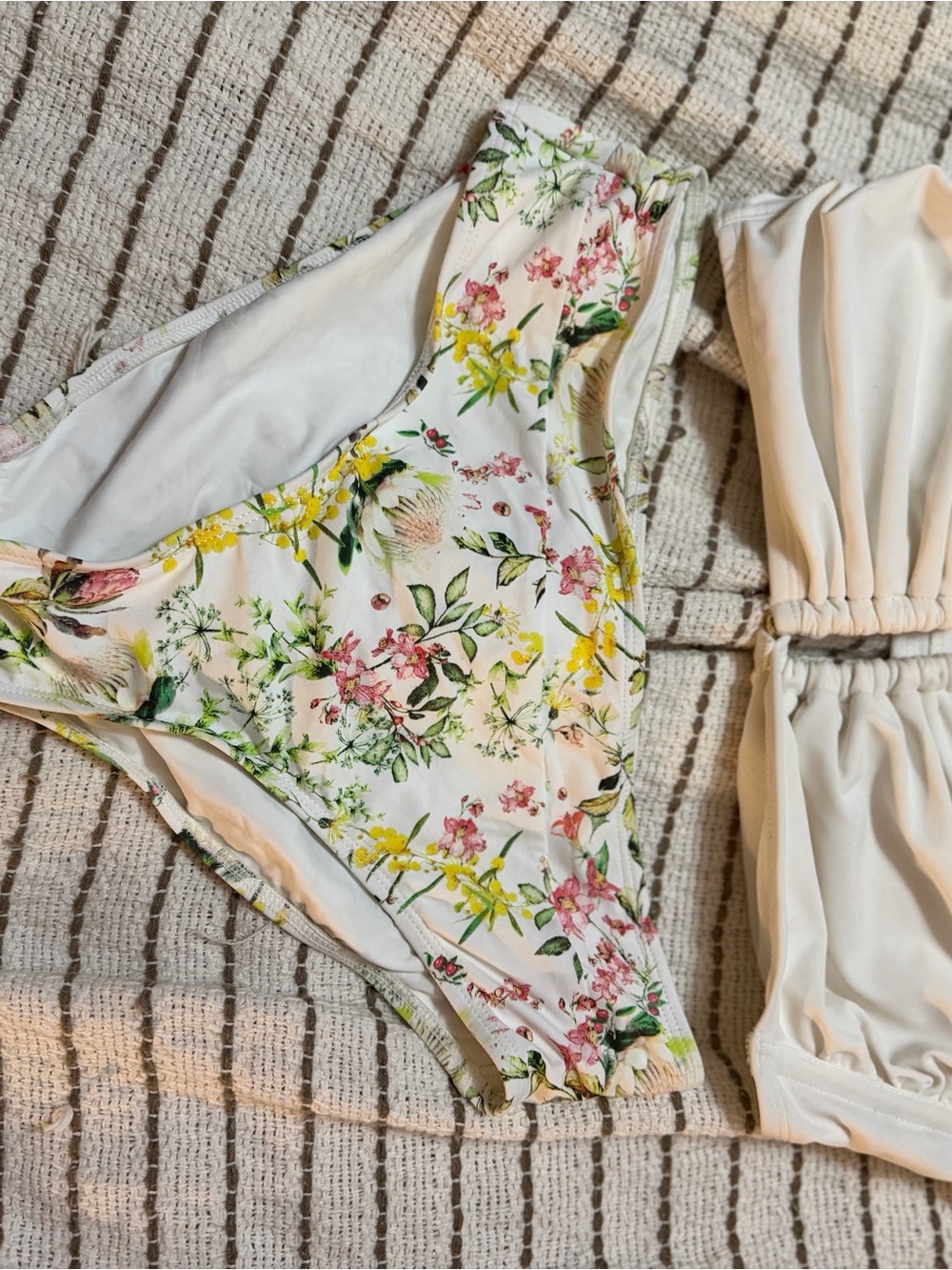 White Floral High-Rise Bikini Bottom with Pink & Yellow Blooms